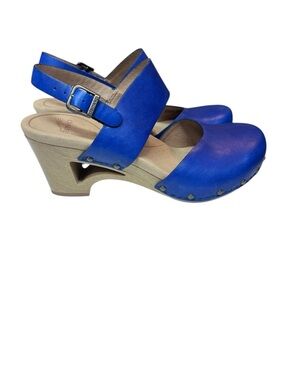 DANSKO Women's blue Shoes Thea Clogs Sz 8 Open Wood Wedge Heels RARE size 38